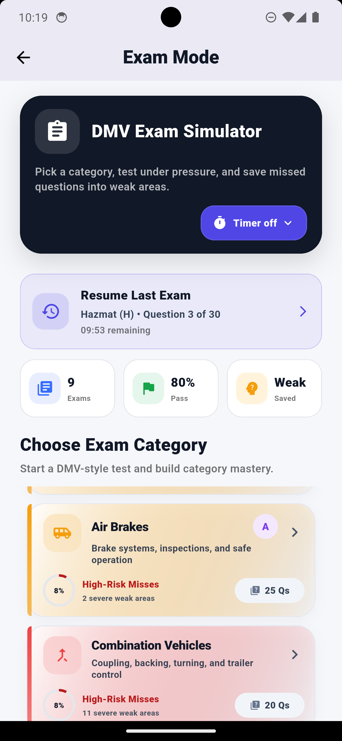 Exam Mode dashboard