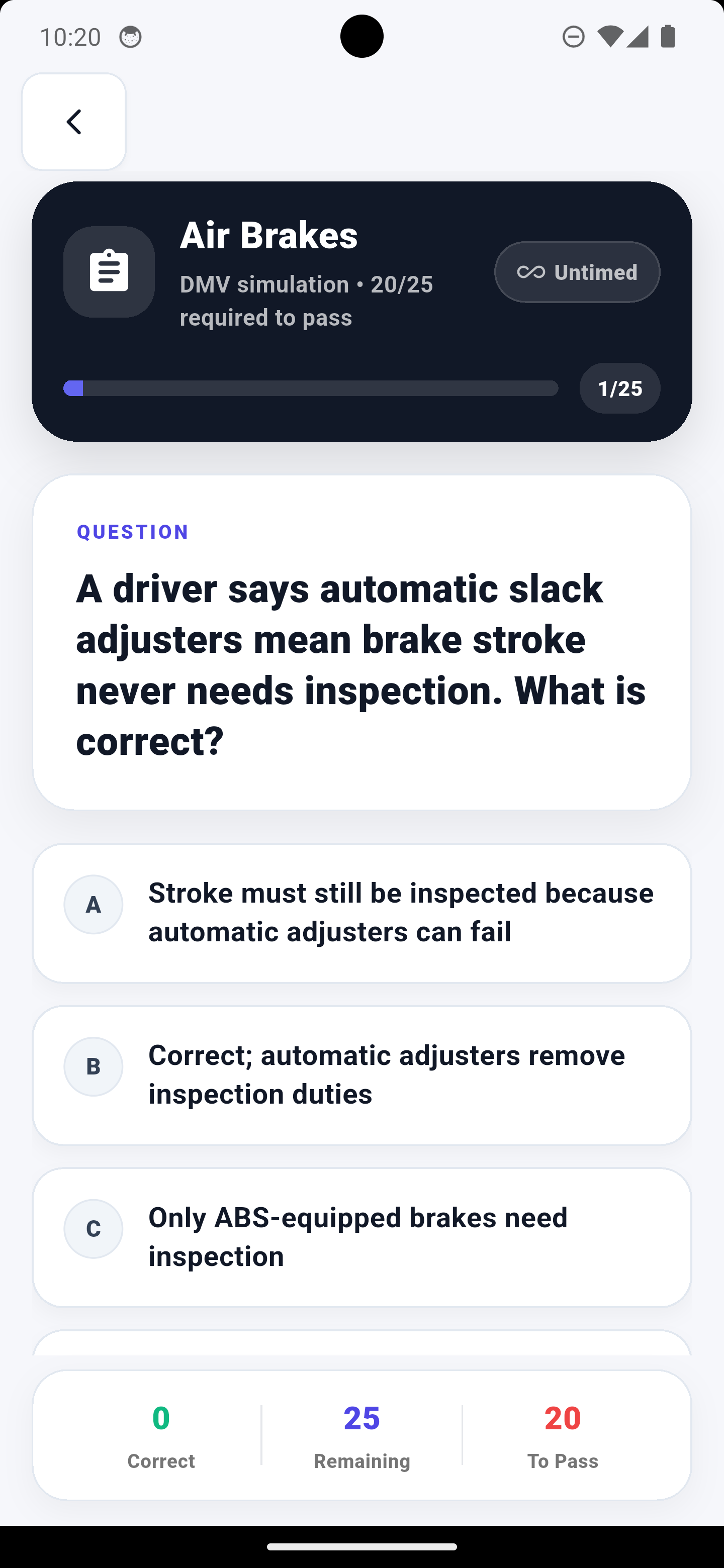 CDL Mastery Exam Mode showing a realistic CDL exam question