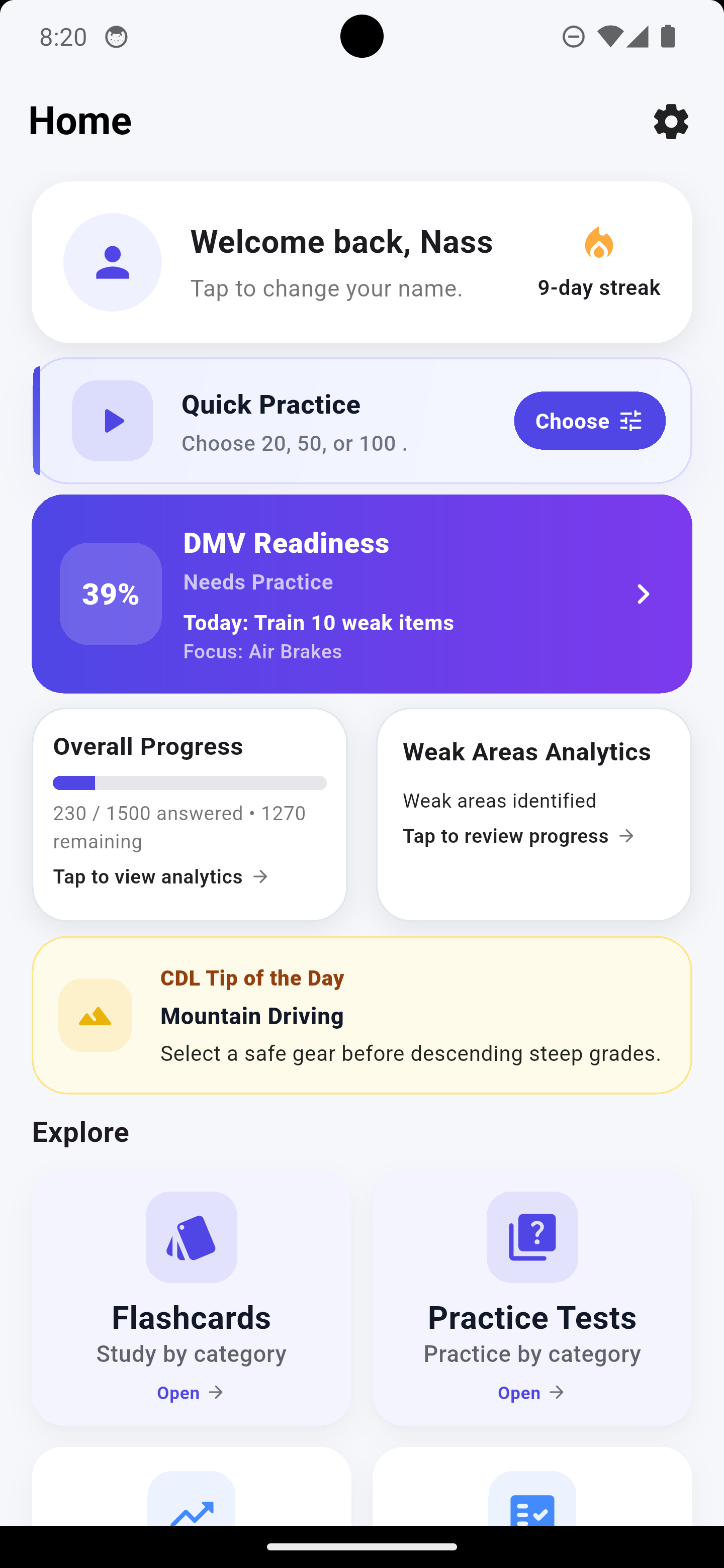 CDL Mastery home screen showing readiness, progress, and practice