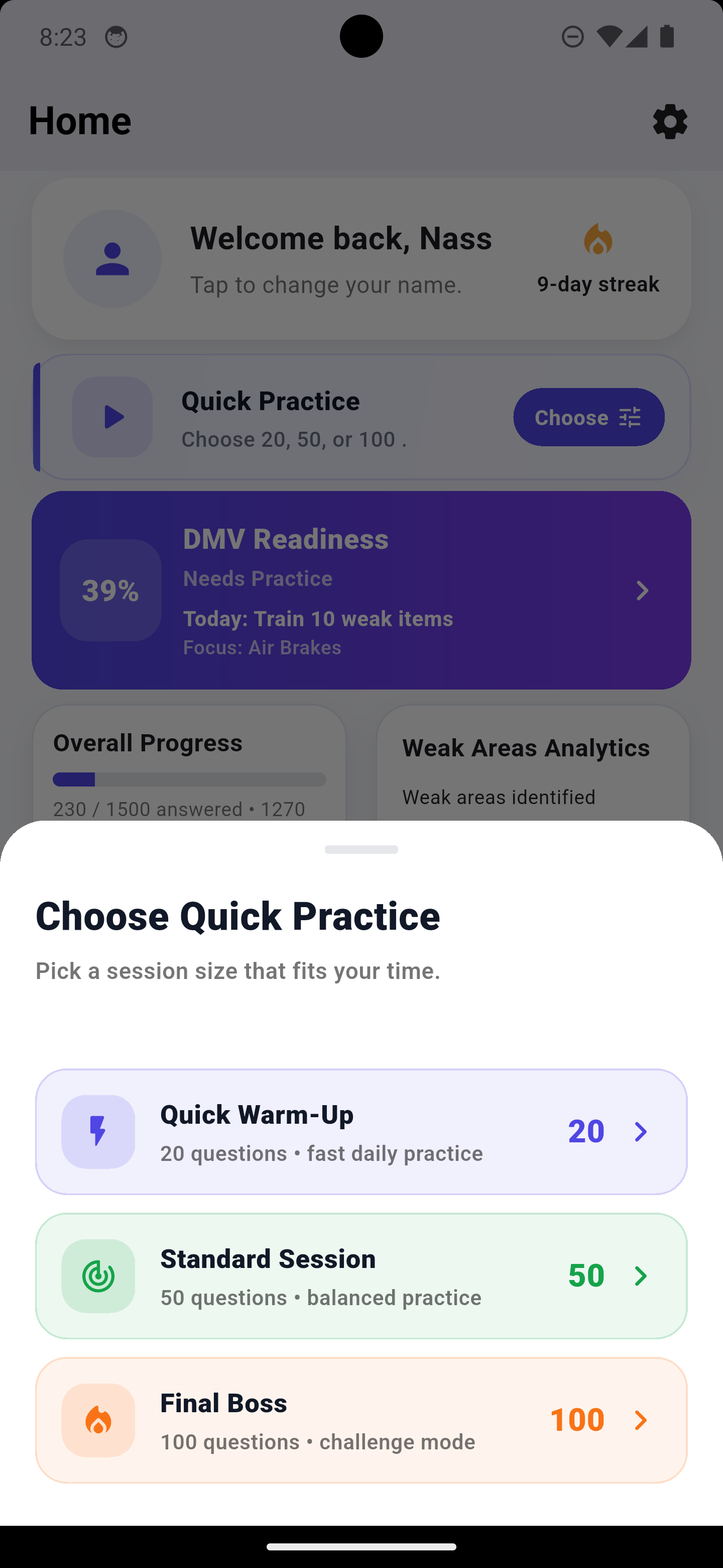 Quick Practice session picker
