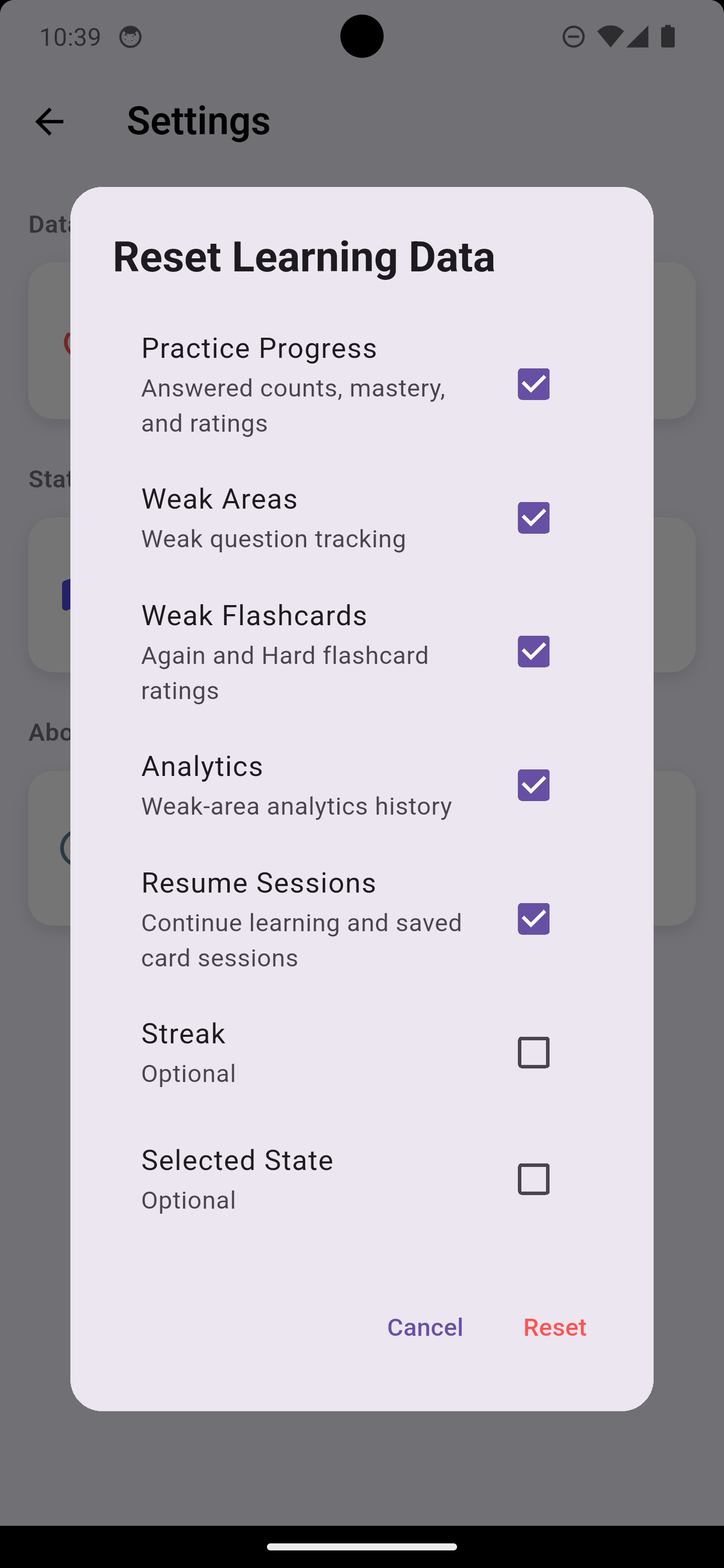 Reset learning data
